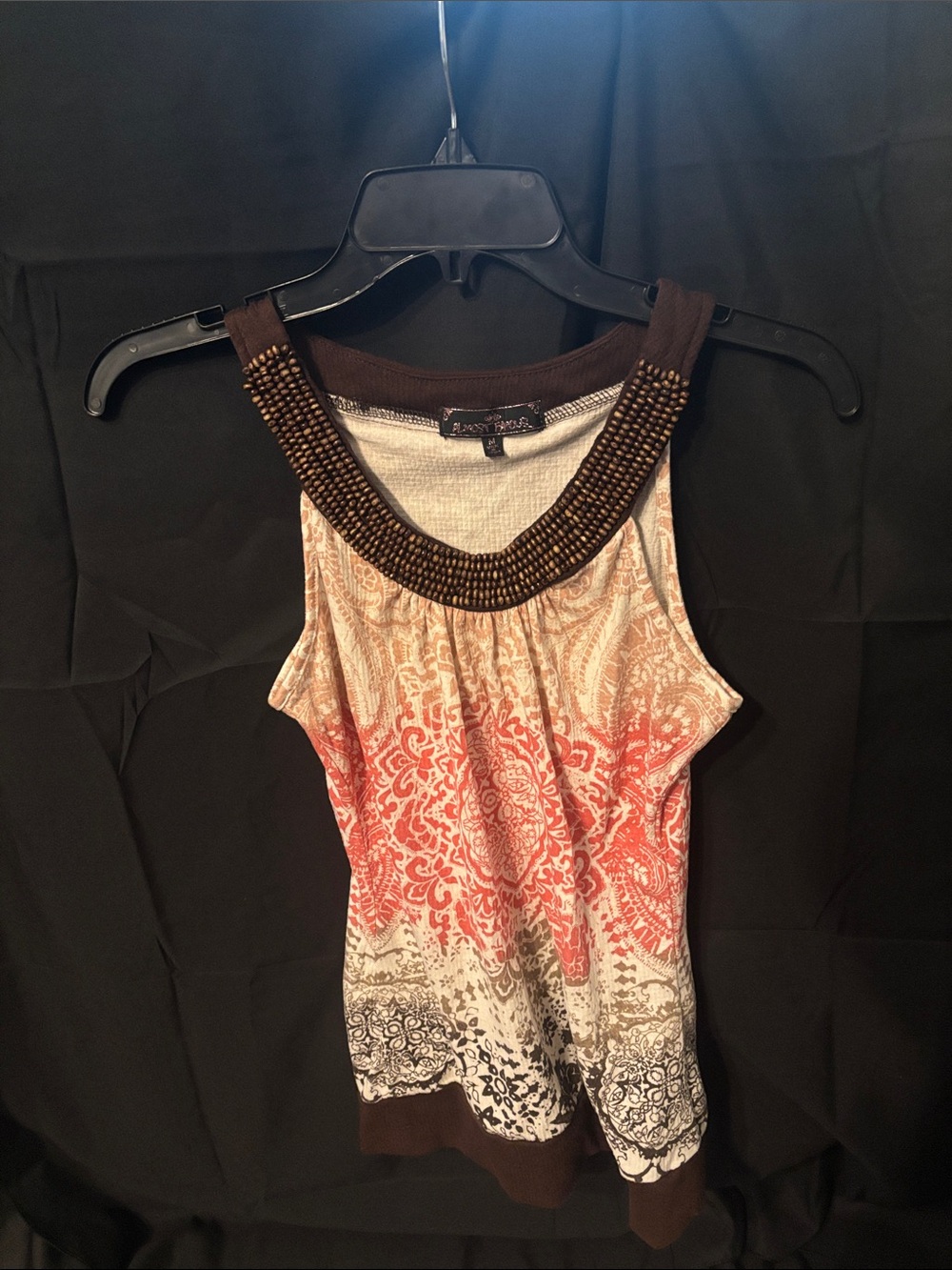 Apostrophe Coral and Brown Beaded-Neck Tank Top